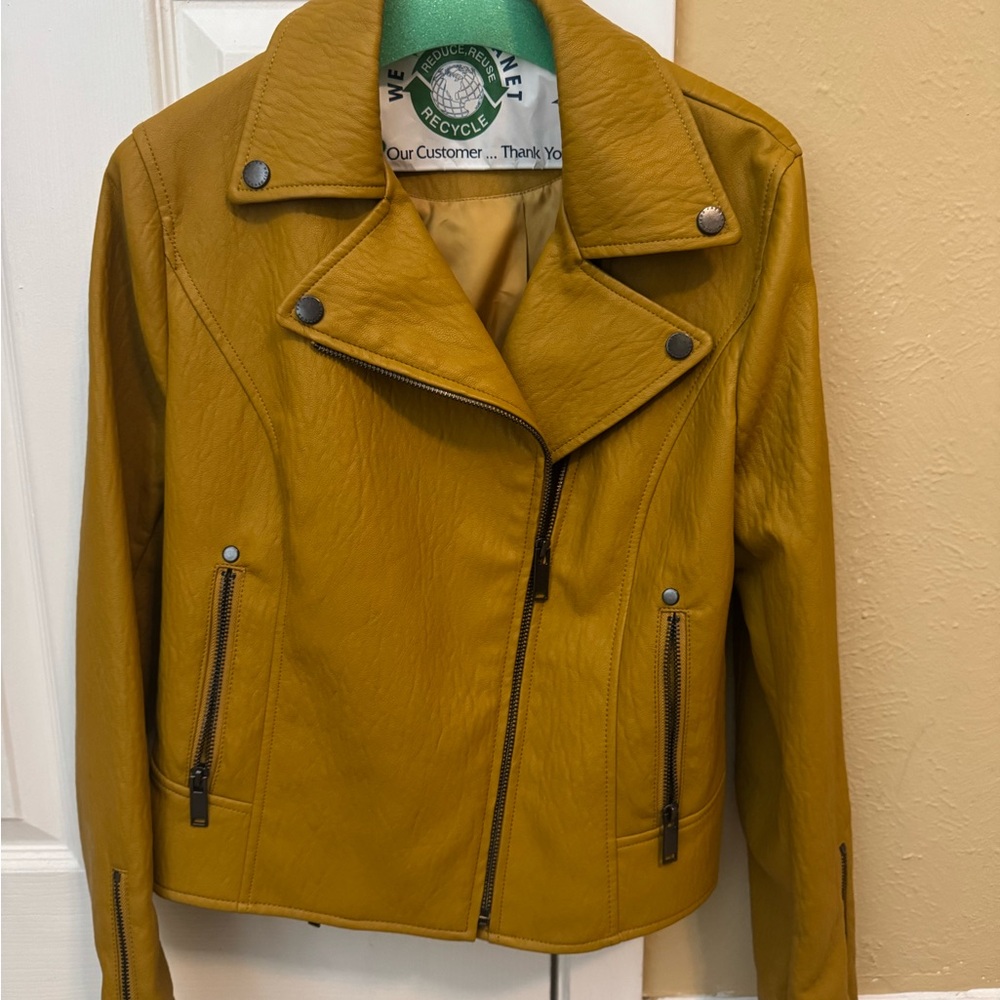 French Connection Mustard Yellow Leather Moto Jacket